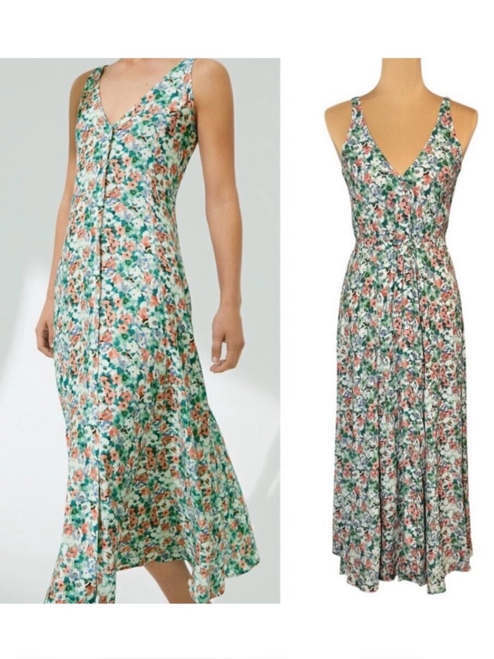 OYSHO Button Front Floral Midi Dress Sz.XS Multi Sleeveless Fairy Boho Cottage